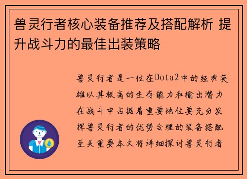 兽灵行者核心装备推荐及搭配解析 提升战斗力的最佳出装策略